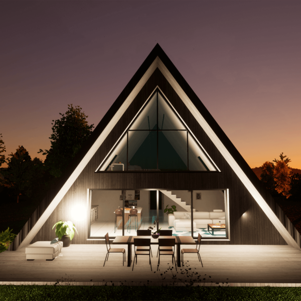 Maison en forme de A vue de nuit