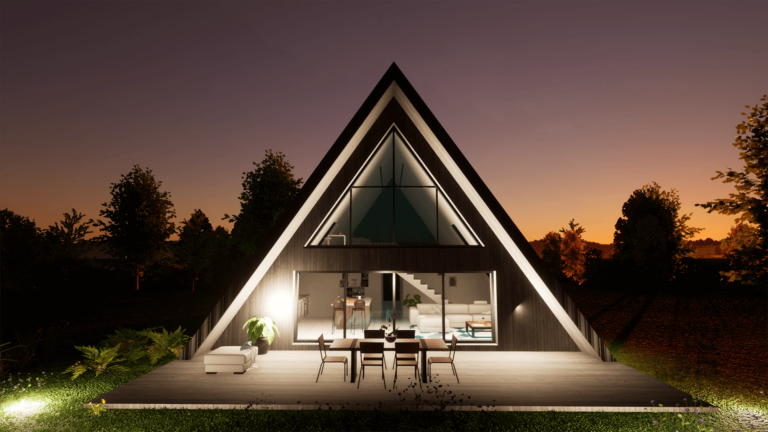 Maison en forme de A vue de nuit