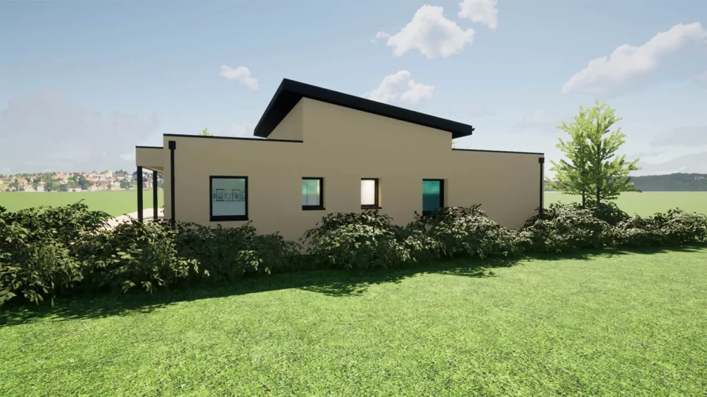 Maison neuve contemporaine vue de la façade sur jardin