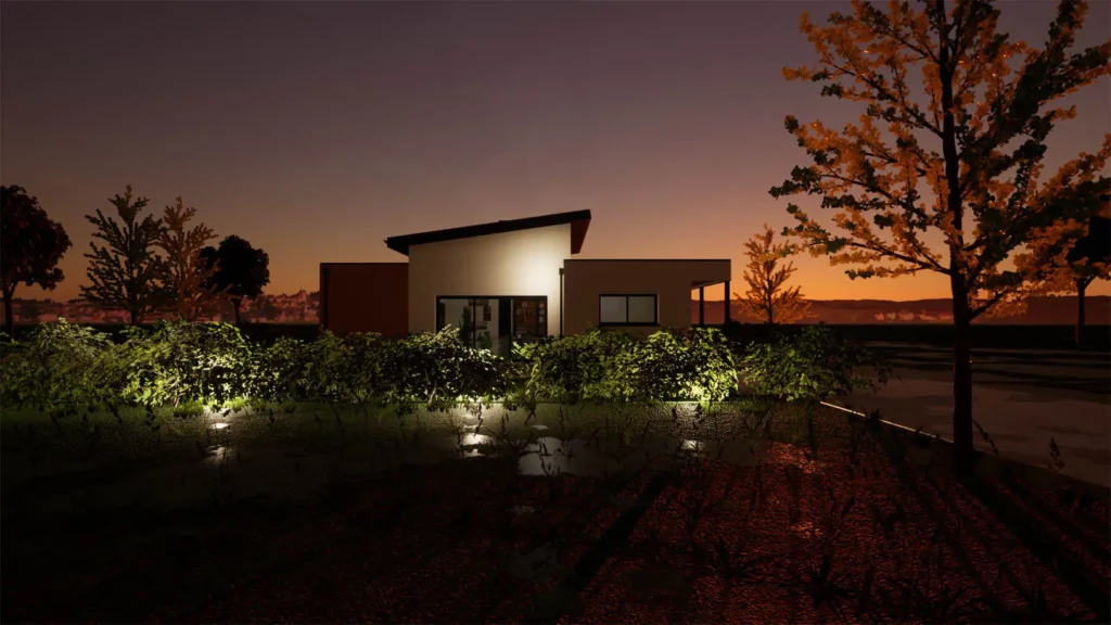 Maison neuve contemporaine au coucher du soleil