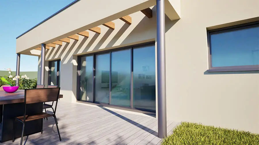 Pergola en béton avec des lames en bois intérieures