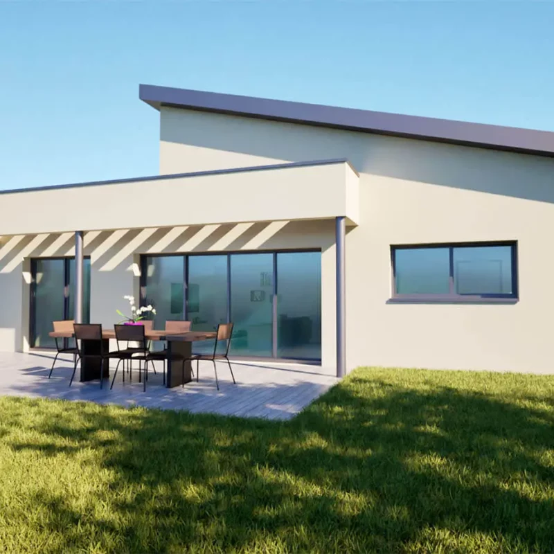 Maison moderne vue du jardin avec une pergola à lames bois